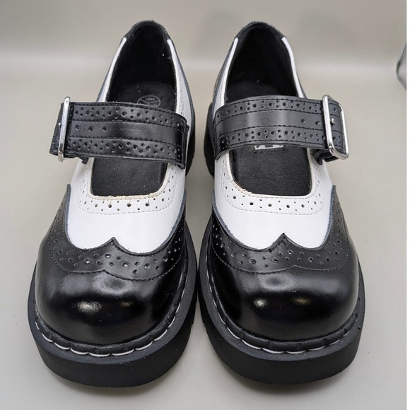T.U.K Shoes - T.U.K. Anarchic Brogue White Black Mary Janes Buckle Strap Womens Size 8
